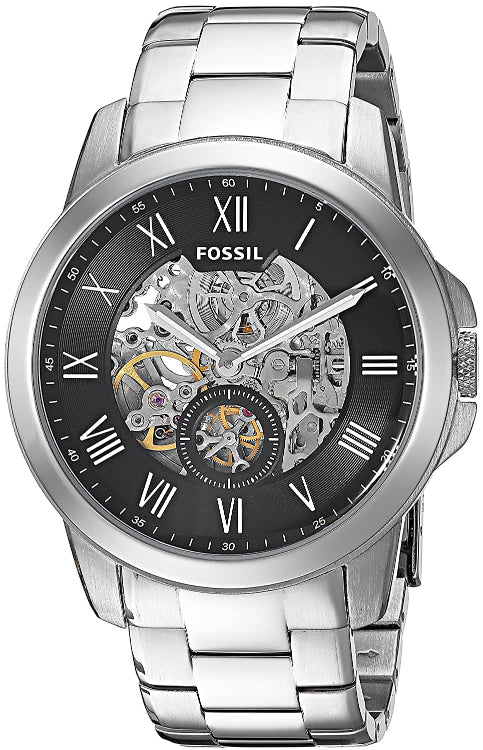 Fossil Grant Silver Stainless Steel Black Dial Automatic Watch for Gents - ME3055