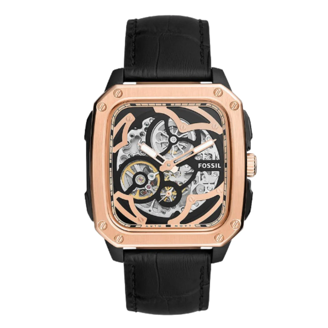 Fossil Inscription Black Leather Strap Skeleton Multicolor Dial Automatic Watch for Gents - BQ2572
