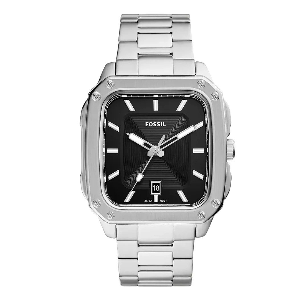 Fossil Inscription Silver Stainless Steel Black Dial Quartz Watch for Gents - F5933