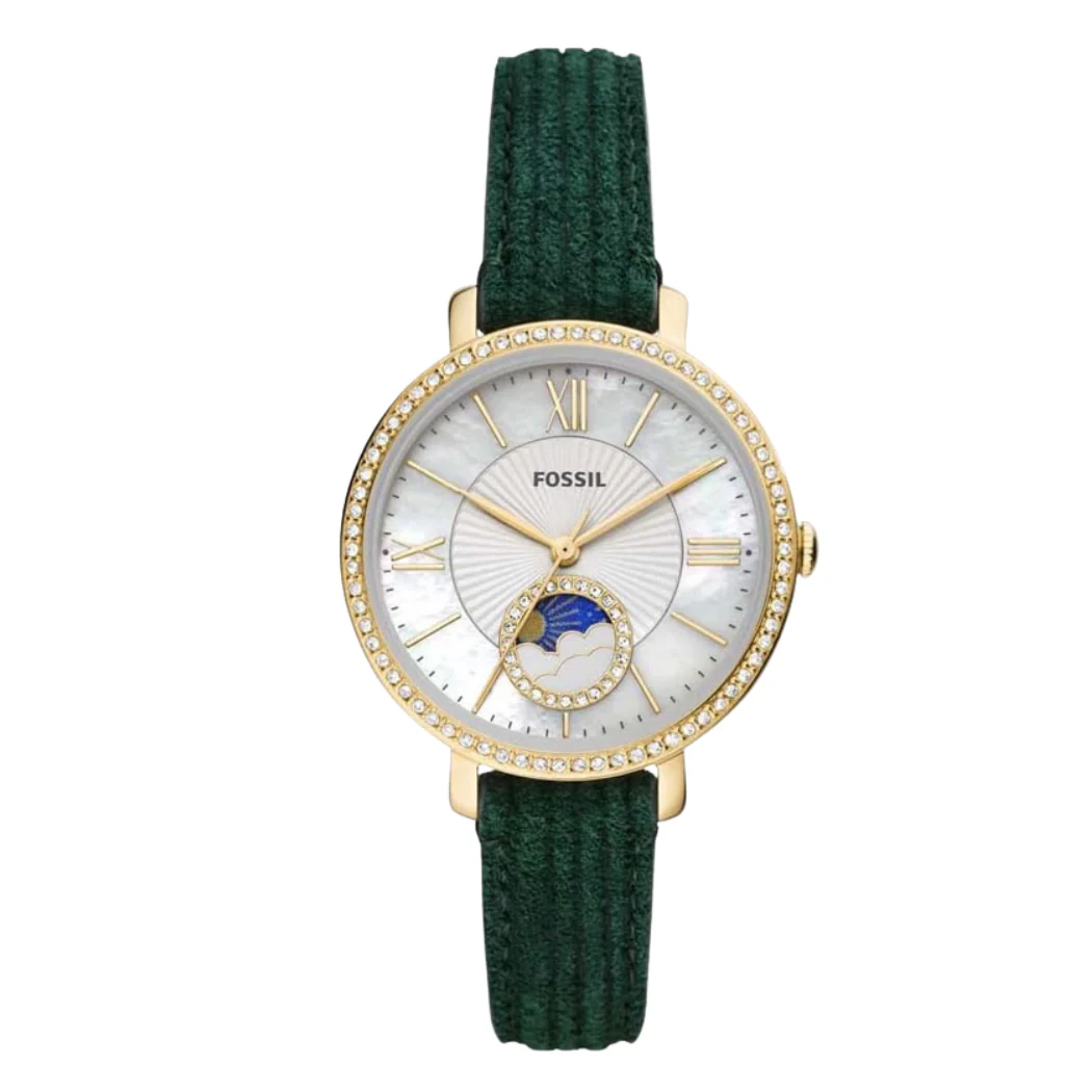 Fossil Jacqueline Sun Moon Green Leather Strap Mother Of Pearl Dial Quartz Watch for Ladies - ES5244
