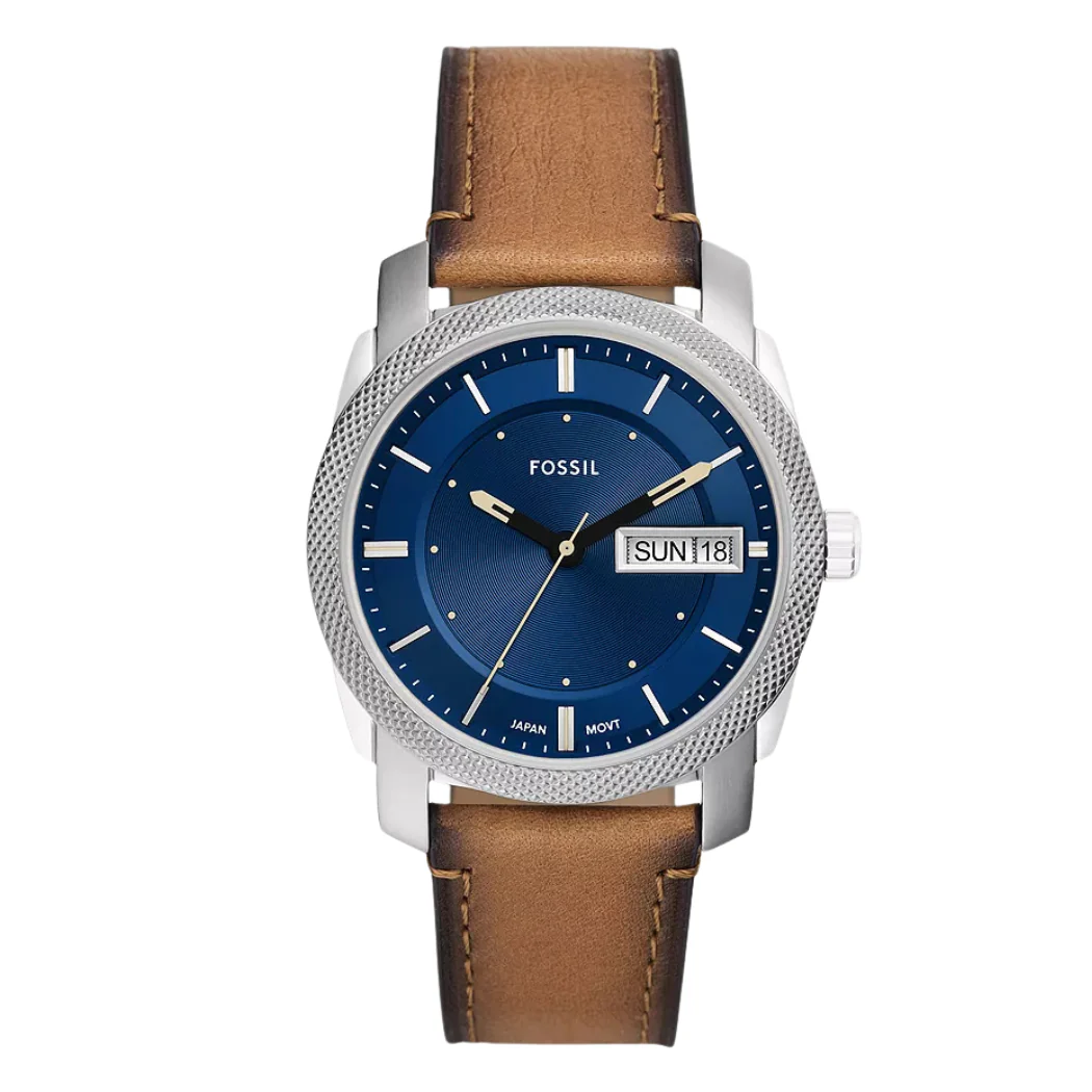 Fossil Machine Brown Leather Strap Blue Dial Quartz Watch for Gents - F5920