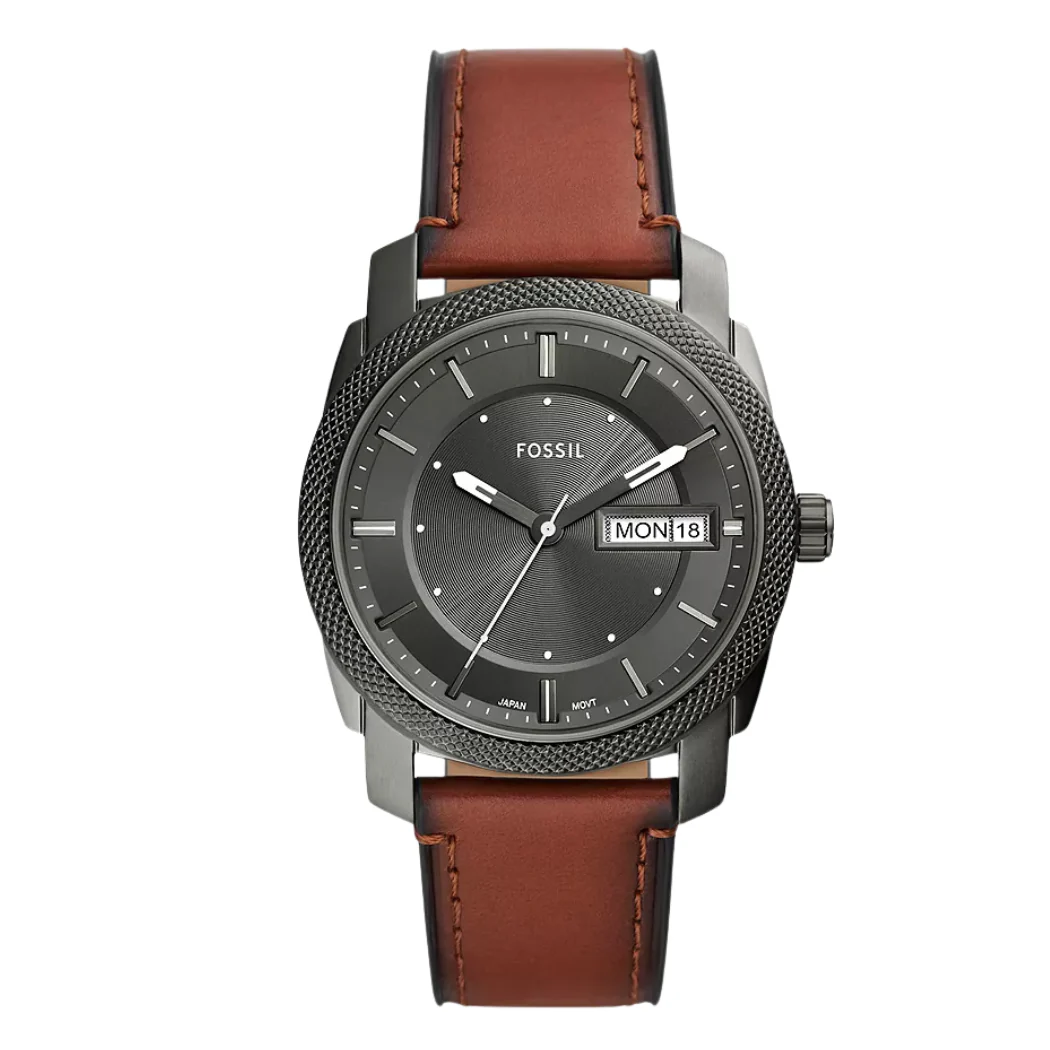 Fossil Machine Brown Leather Strap Grey Dial Quartz Watch for Gents - F5900