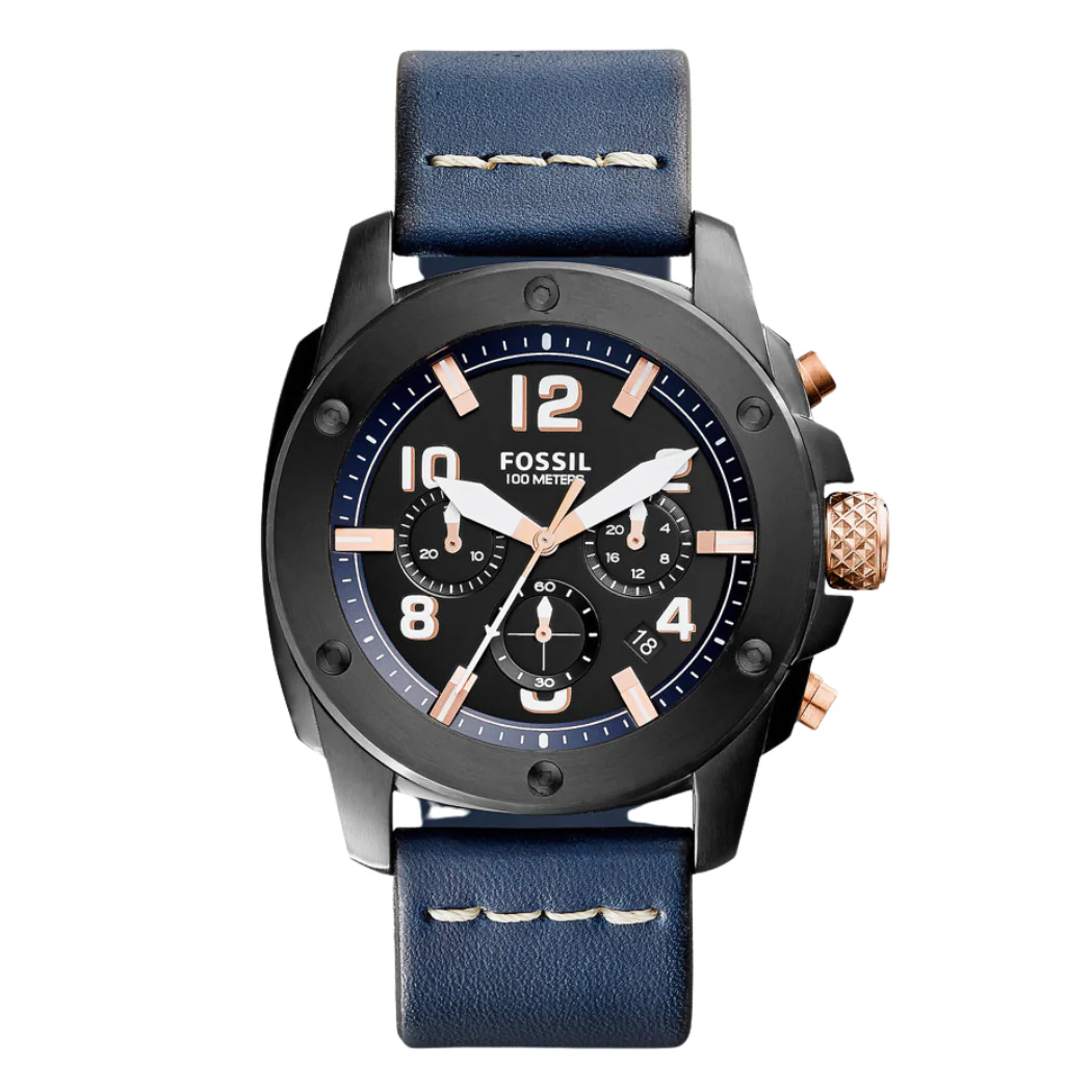 Fossil Machine Navy blue Leather Strap Black Dial Chronograph Quartz Watch for Gents - FS5066