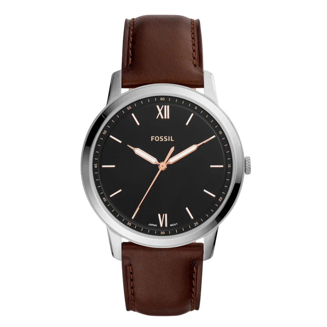 Fossil Minimalist Brown Leather Strap Black Dial Quartz Watch for Gents - FS5464