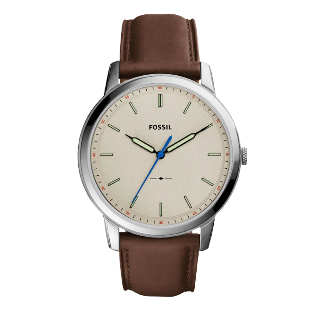 Fossil Minimalist Brown Leather Strap Off White Dial Quartz Watch for Gents - FS5306