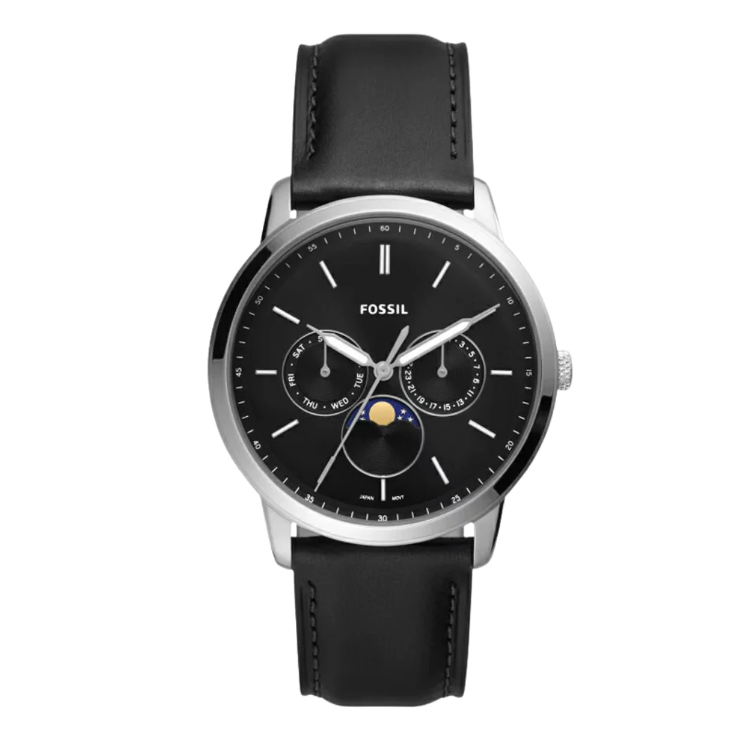 Fossil Moonphase Black Leather Strap Black Dial Quartz Watch for Gents - FS5904