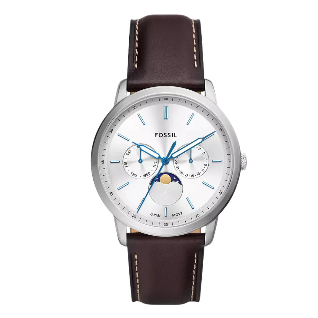 Fossil Moonphase Brown Leather Strap Silver Dial Quartz Watch for Gents - FS5905