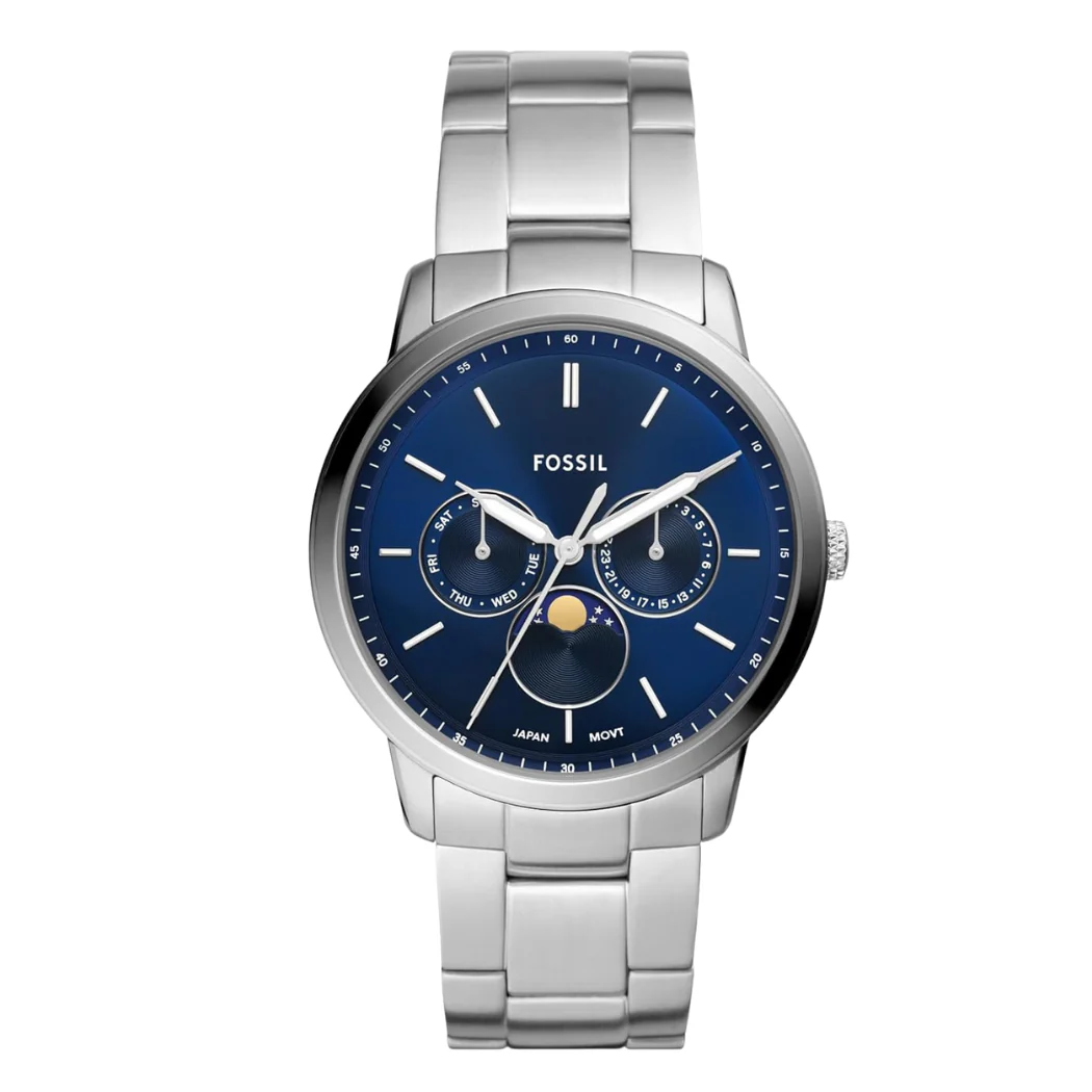 Fossil Moonphase Silver Stainless Steel Blue Dial Quartz Watch for Gents - FS5907