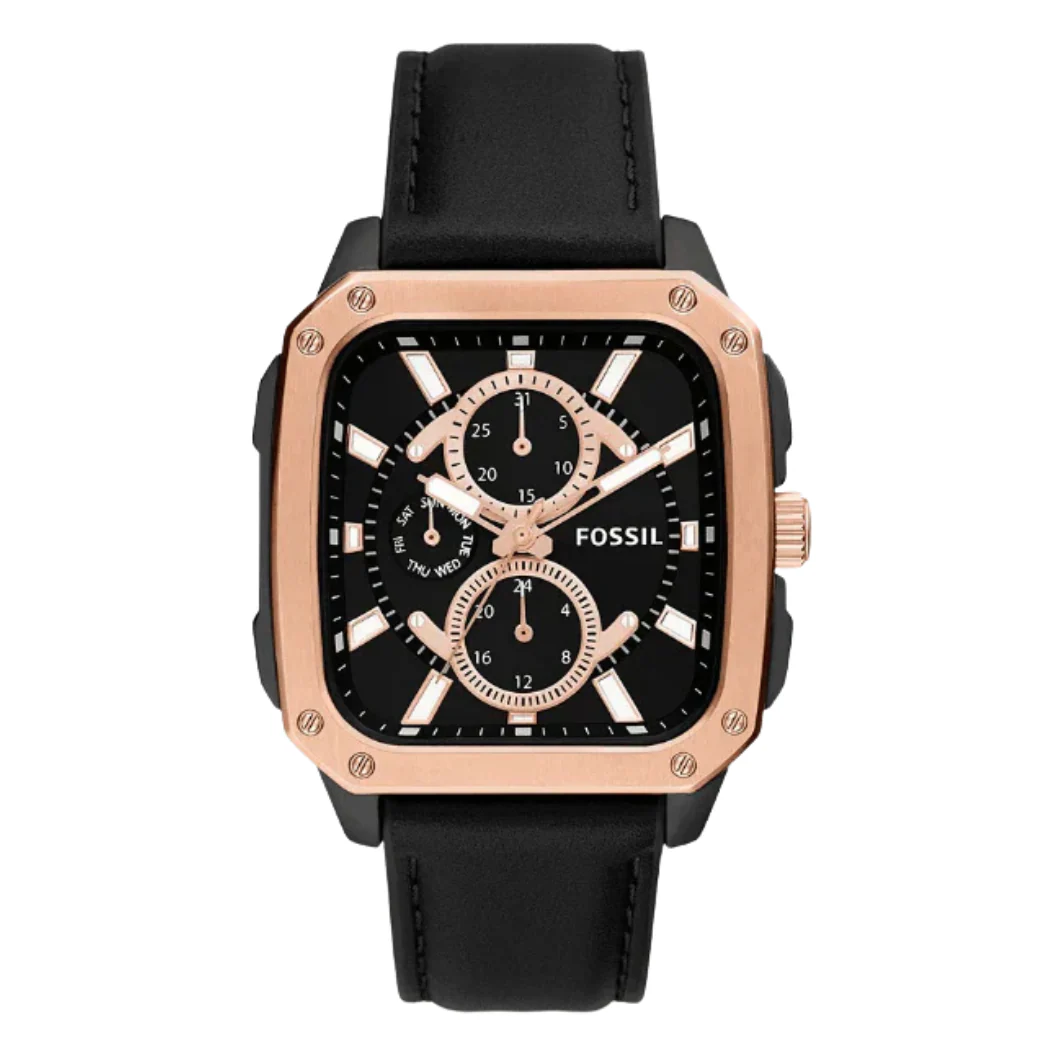 Fossil Multifunction Black Leather Strap Black Dial Quartz Watch for Gents - BQ2654
