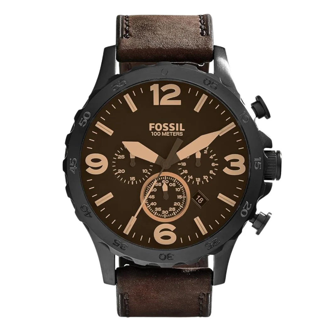 Fossil Nate Brown Leather Strap Brown Dial Chronograph Quartz Watch for Gents - JR1487