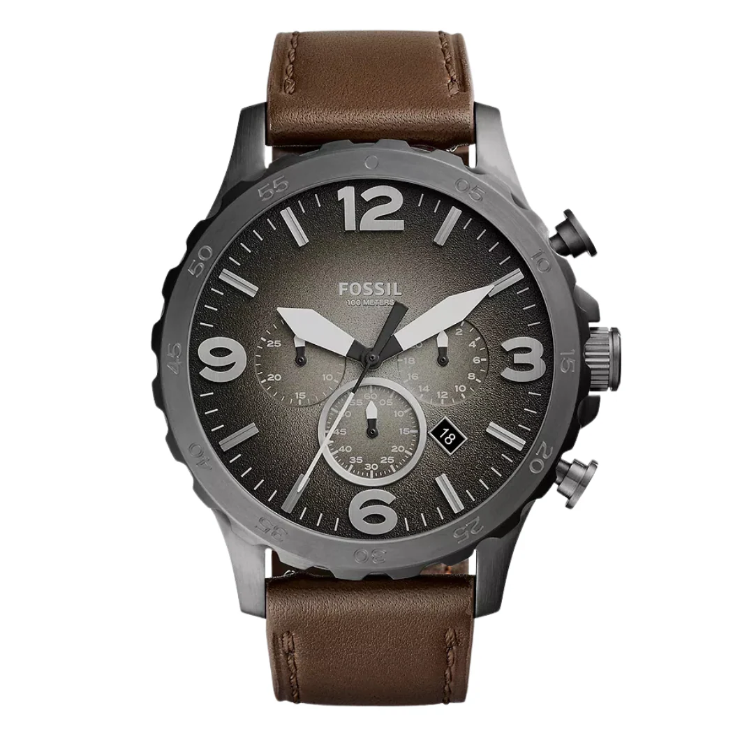 Fossil Nate Brown Leather Strap Grey Dial Chronograph Quartz Watch for Gents - JR1424