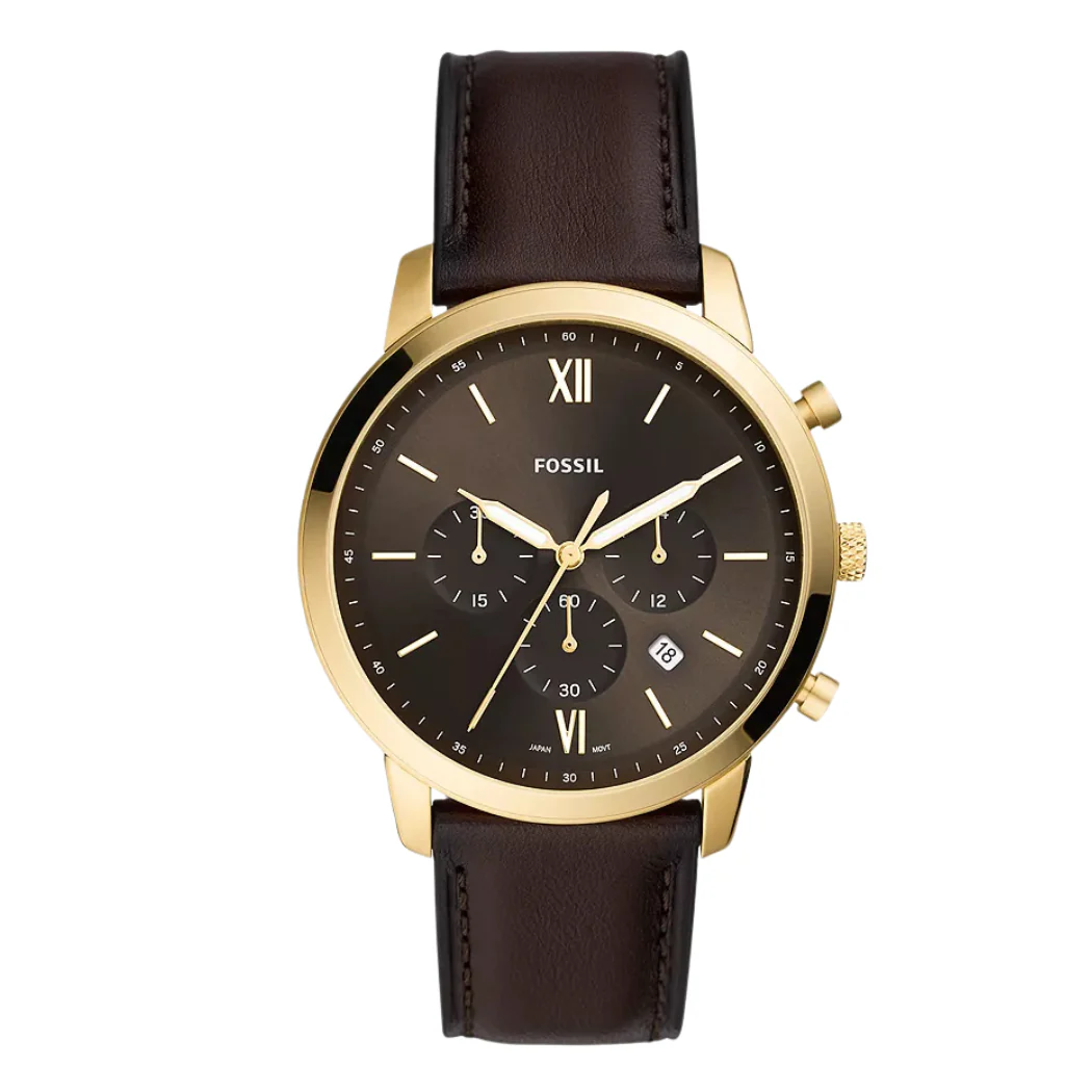 Fossil Neutra Brown Leather Strap Black Dial Chronograph Quartz Watch for Gents - FS5763