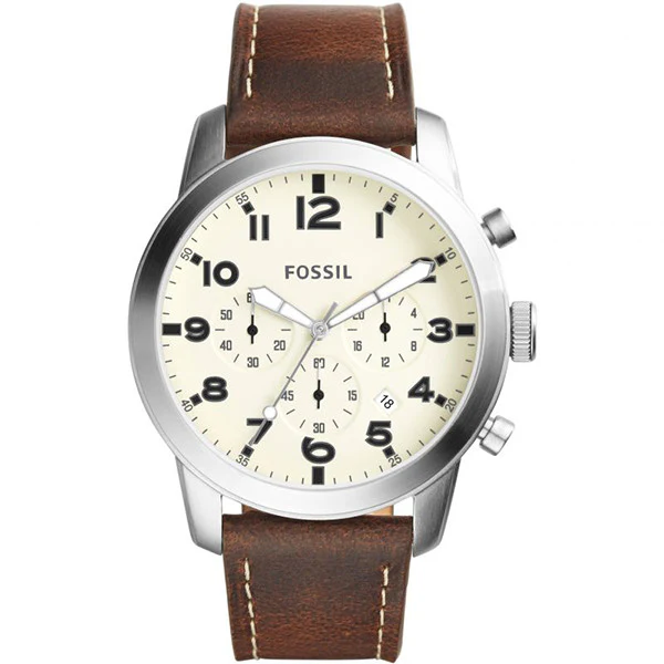 Fossil Pilot 54 Brown Leather Strap Cream Dial Chronograph Quartz Watch for Gents - FS5146