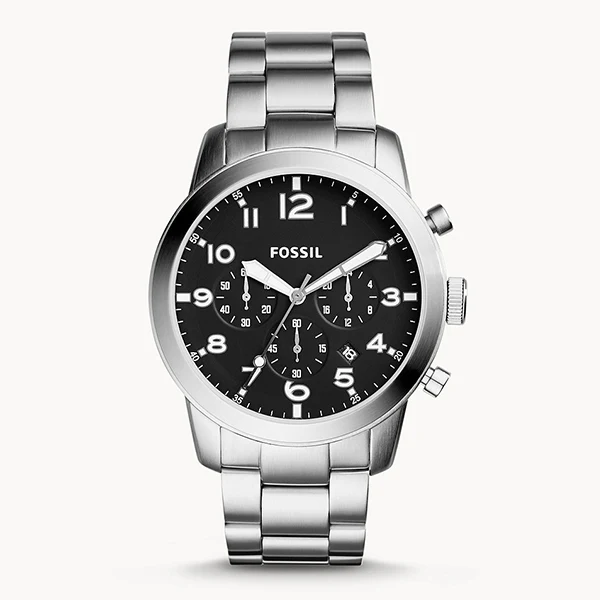 Fossil Pilot 54 Silver Stainless Steel Black Dial Chronograph Quartz Watch for Gents - FS5141