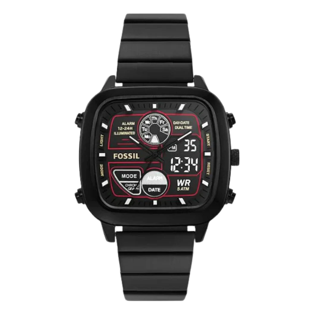 Fossil Retro Anadigital Black Stainless Steel Positive Display Dial Analog & Digital Watch for Gents - FS5891