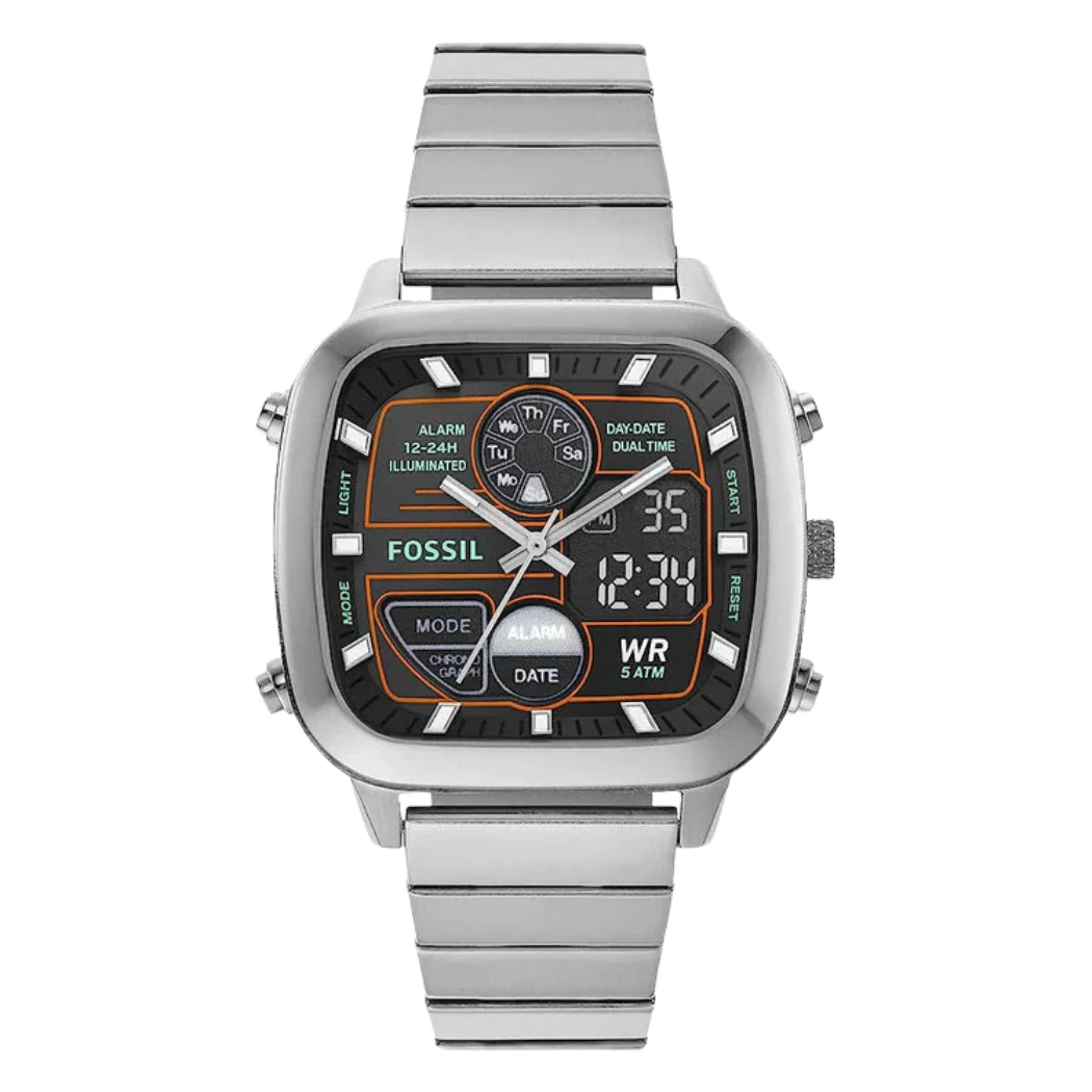 Fossil Retro Anadigital Silver Stainless Steel Positive Display Dial Analog & Digital Watch for Gents - FS5890