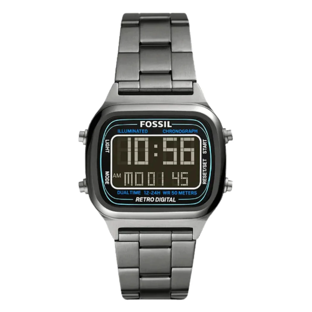 Fossil Retro Digital Grey Stainless Steel Positive Display Dial Digital Watch for Gents - FS5846