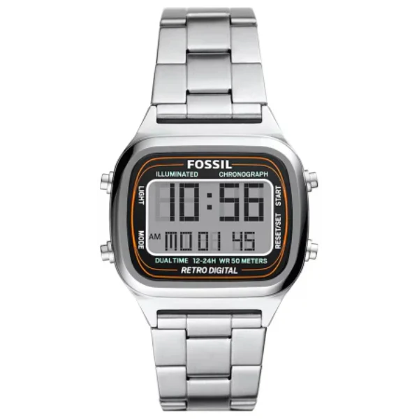 Fossil Retro Digital Silver Stainless Steel Positive Display Dial Digital Watch for Gents - FS5844