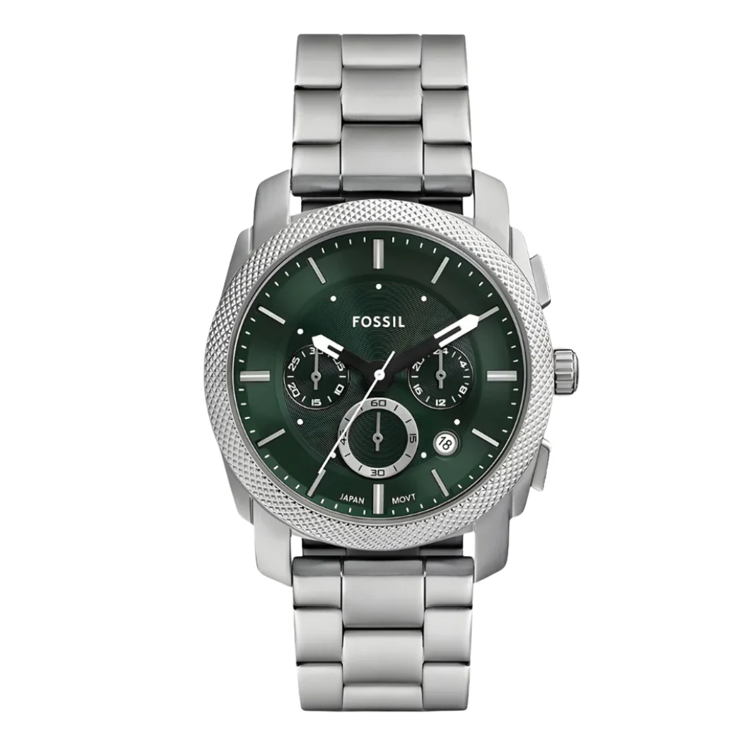 Fossil Silver Stainless Steel Green Dial Chronograph Quartz Watch for Gents - FS-6079