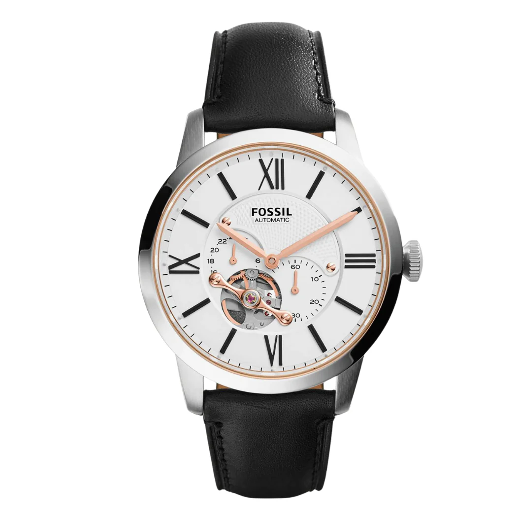 Fossil Townsman Black Leather Strap White Dial Automatic Watch for Gents - ME3104