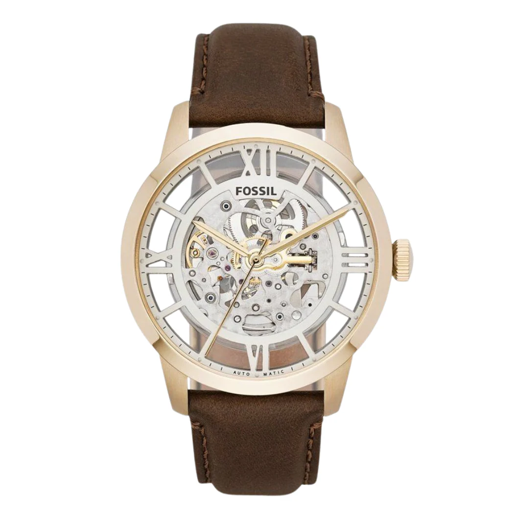 Fossil Townsman Brown Leather Strap Skeleton Dial Automatic Watch for Gents - ME3043