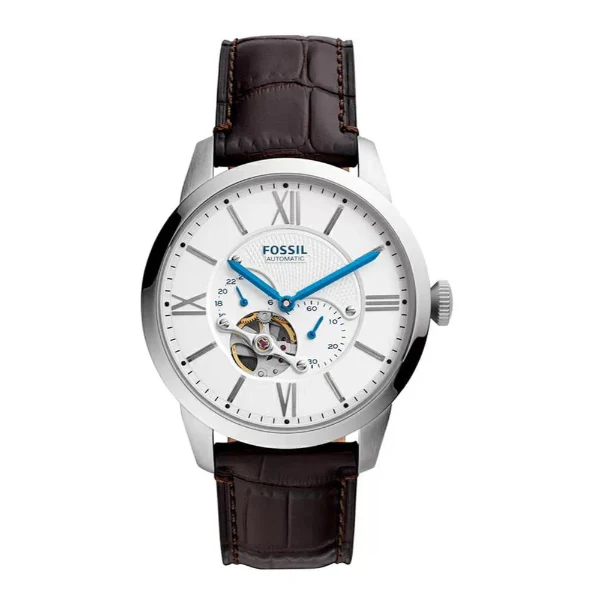 Fossil Townsman Brown Leather Strap White Dial Automatic Watch for Gents - ME3167