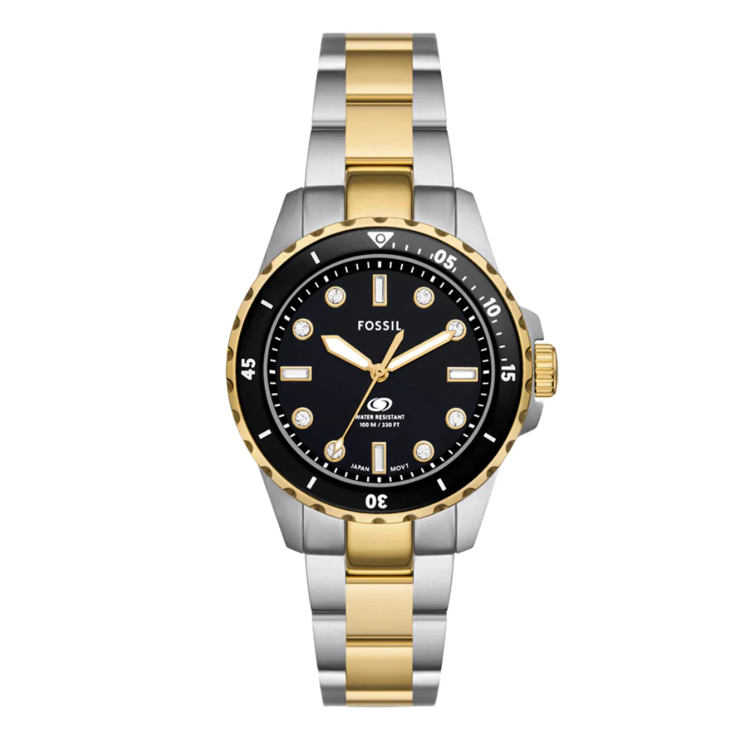 Fossil Two-tone Stainless Steel Black Dial Blue Dive Quartz Watch for Ladies - ES5349