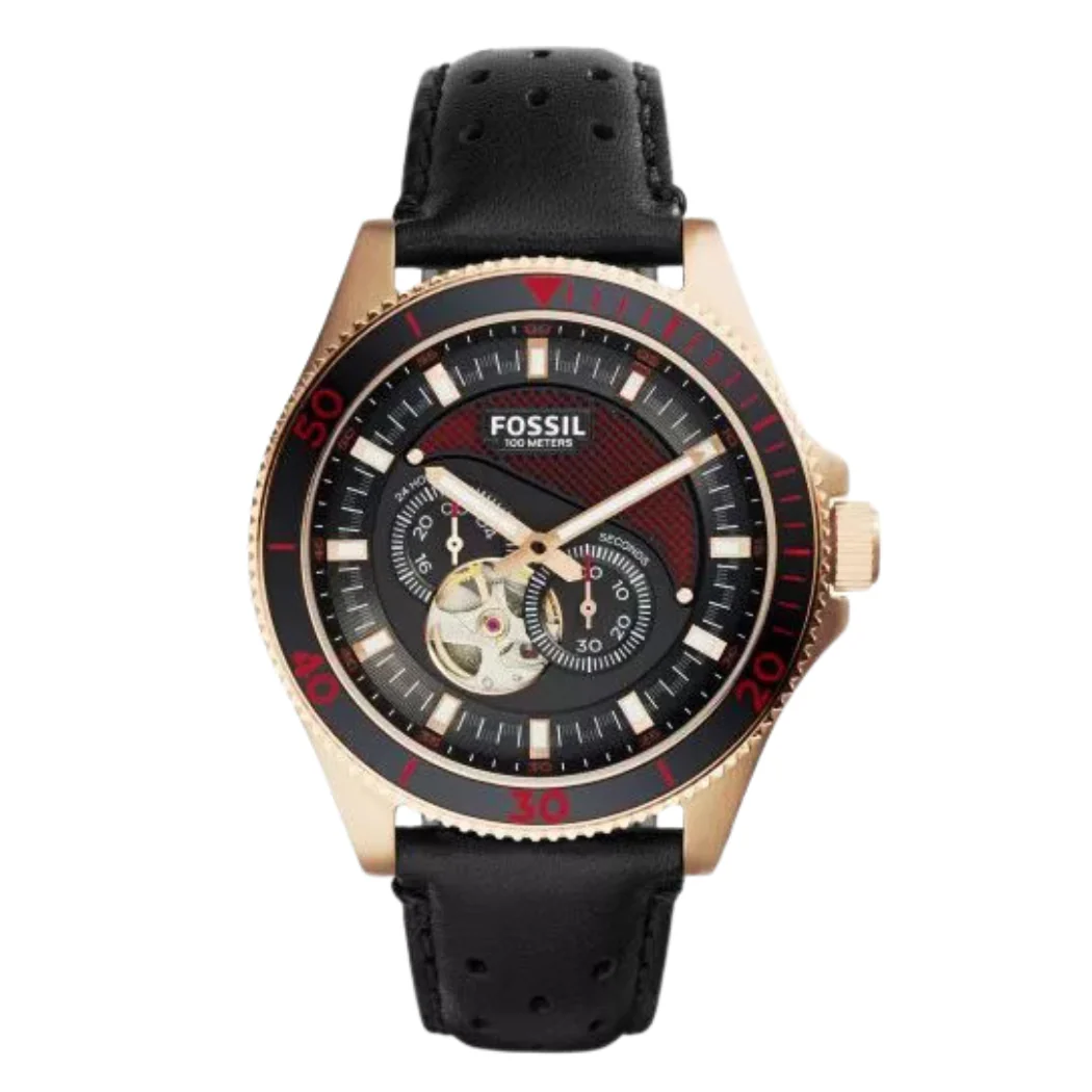 Fossil Wakefield Black Leather Strap Black Dial Automatic Watch for Gents - ME3091