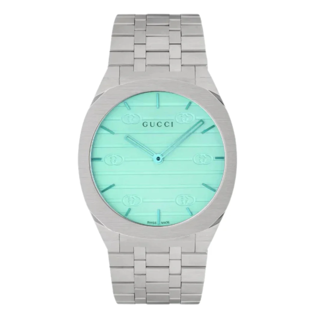 Gucci 25H Silver Stainless Steel White/ GG Motif/Ocean Blue Glass Dial Quartz Unisex Watch - YA163409