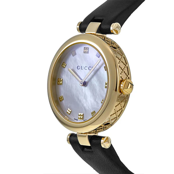 Gucci Diamantissima Black Leather Mother of Pearl Dial Quartz Watch for Ladies- GUCCI YA141404 - Image 2