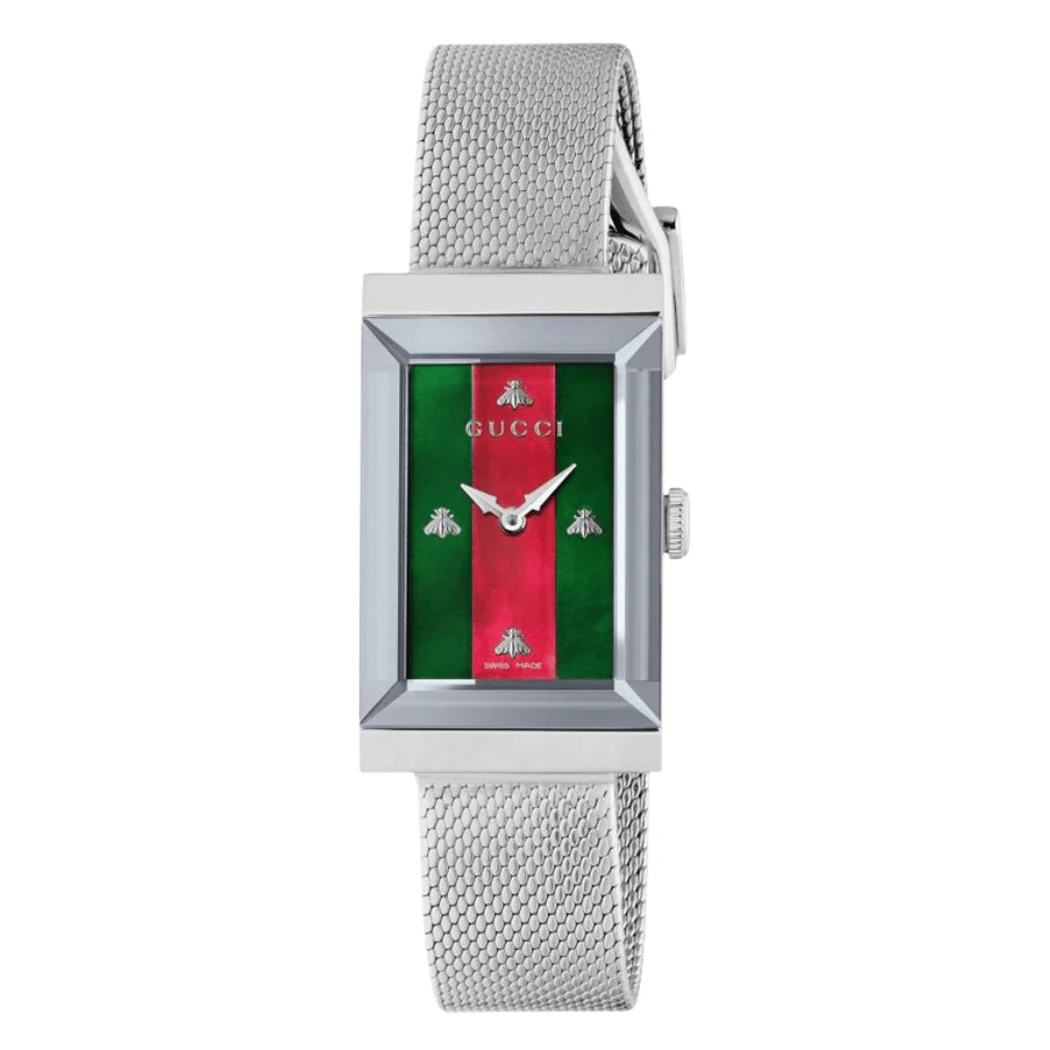Gucci G-Frame Silver Mesh Bracelet Mother of Pearl Dial Quartz Watch for Ladies- YA147401