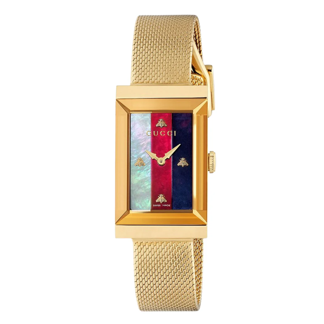 Gucci G-Frame Yellow Gold Mesh Bracelet Mother of Pearl Dial Quartz Watch for Ladies - YA147410