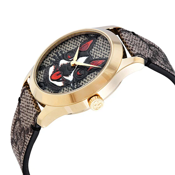 Gucci G-Timeless Brown Leather Dog Motif Dial Quartz Watch for Unisex- GUCCI YA1264057 - Image 3