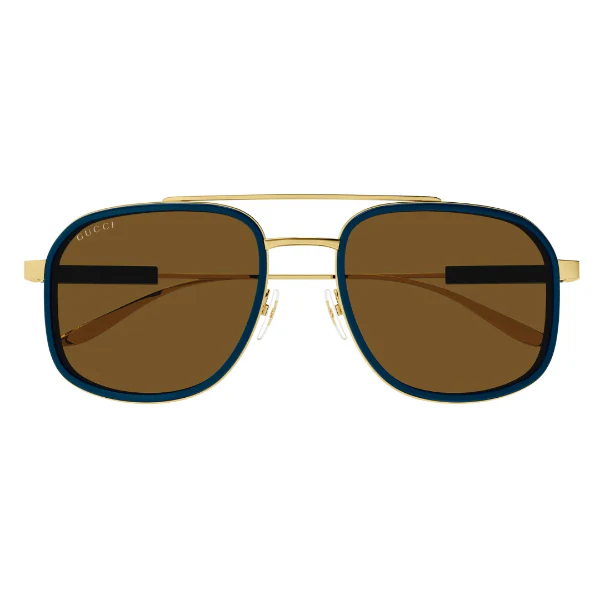 Gucci GG1310S 003 Pilot Aviator Sunglasses – Gold Metal Frame with Plastic Blue‑Brown Brow Bar / Brown Nylon Lens – 56 mm