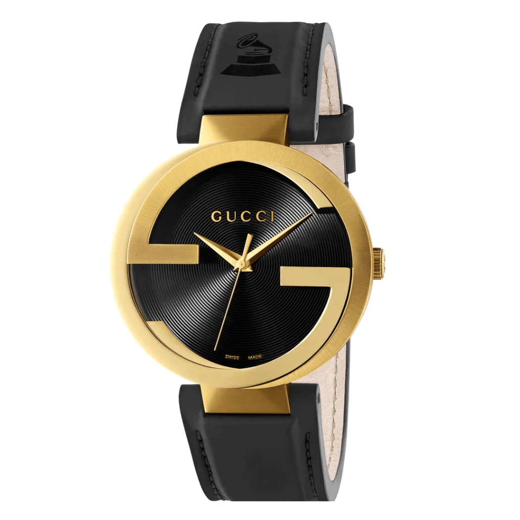 Gucci Interlocking Latin Grammy XL Special Edition Black Leather Black Dial Quartz Watch for Gents- GUCCI YA133208
