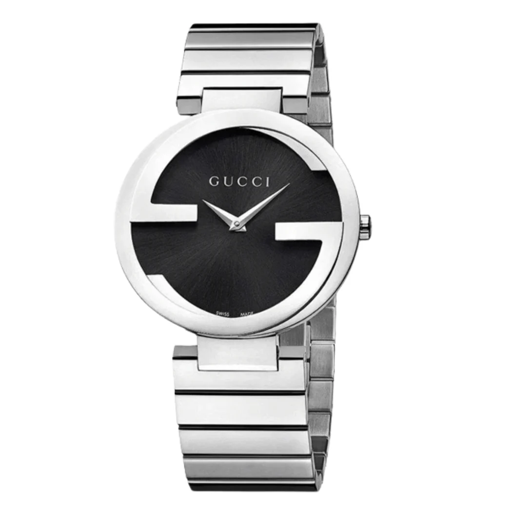 Gucci Interlocking Silver Stainless Steel Black Dial Quartz Watch for Ladies - YA133502