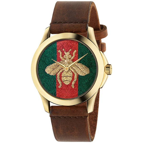 Gucci Le Marché Des Merveilles Bee Motif Brown Leather Strap Green Dial Quartz Unisex Watch - GUCCI YA 126451