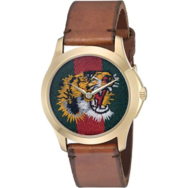 Gucci Le Marché Des Merveilles Tiger Motif Brown Leather Strap Green Dial Quartz Unisex Watch - GUCCI YA 126497
