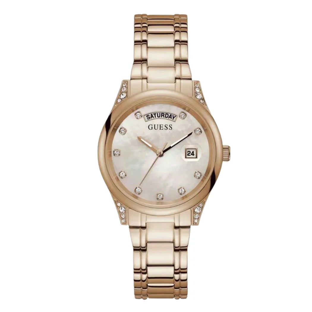Guess Aura Gold Stainless Steel Mother of pearl Dial Quartz Watch for Ladies - GW0047L2