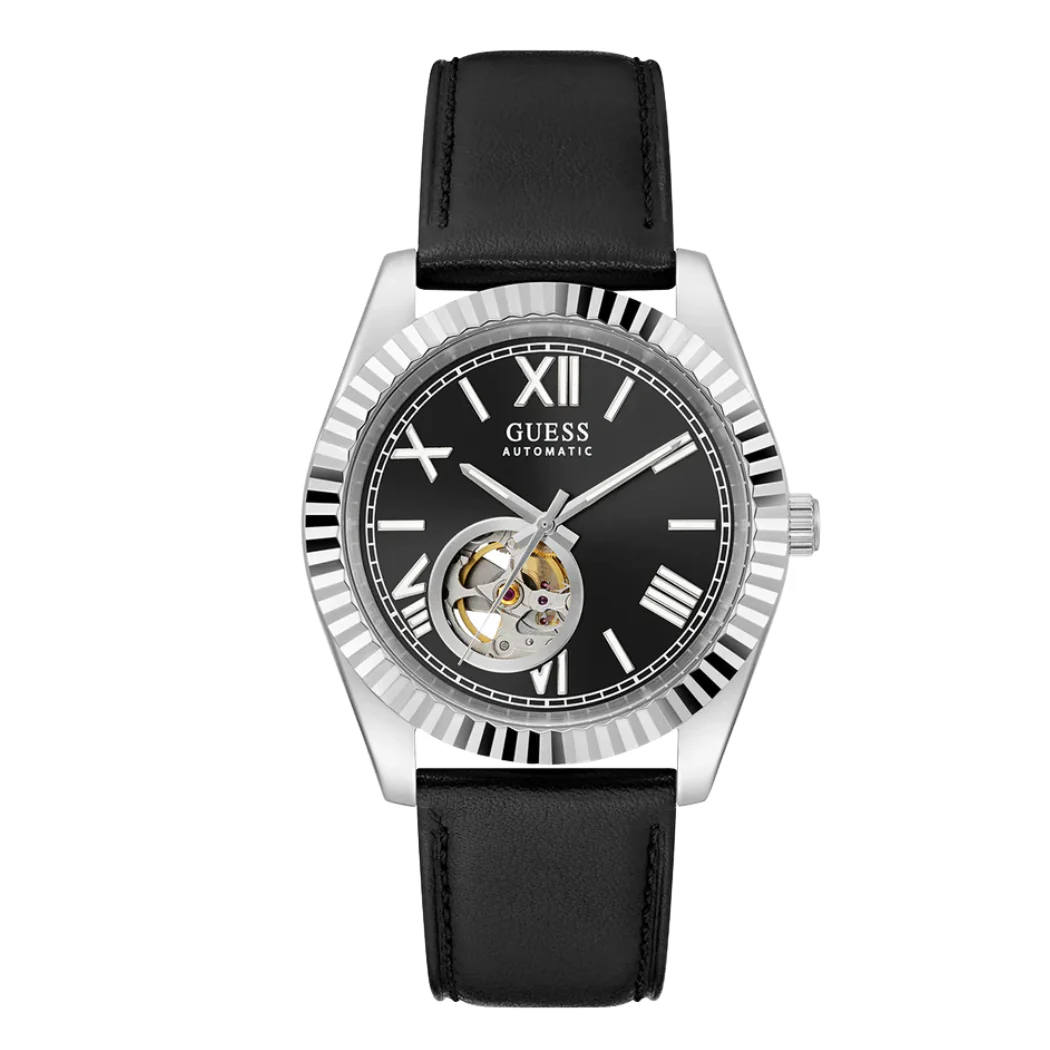 Guess Black Leather Strap Black Dial Automatic Watch for Gents - Guess G0985G1