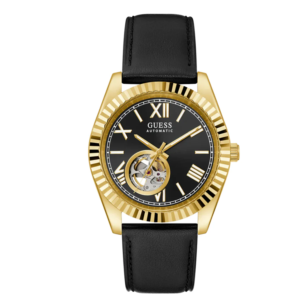 Guess Black Leather Strap Black Dial Automatic Watch for Gents - Guess G0985G2