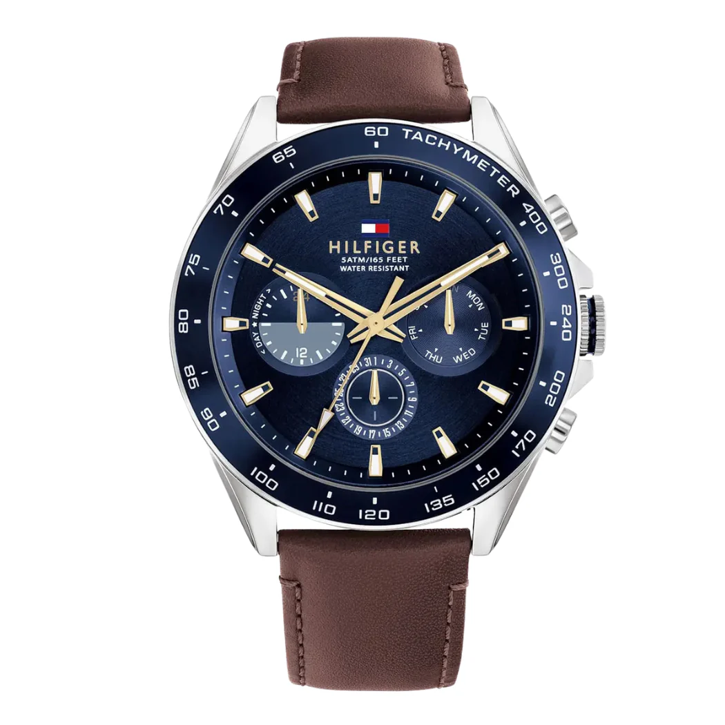 Tommy Hilfiger Brown Leather Strap Blue Dial Chronograph Quartz Watch for Gents - 1791965