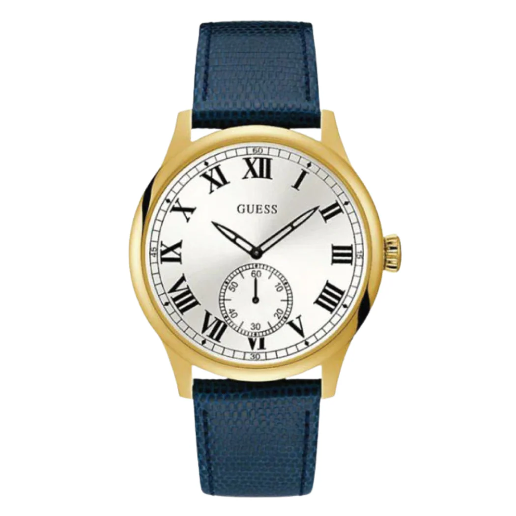 Guess Cambridge Blue Leather Strap Silver Dial Quartz Watch for Gents - W1075G2