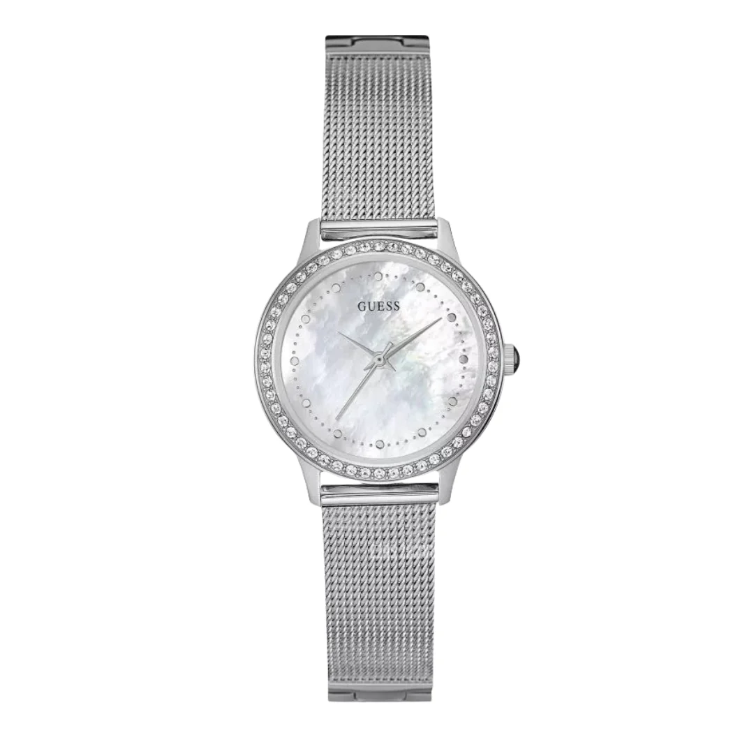 Guess Chelsea Silver Mesh Bracelet Mother of pearl Dial Quartz Watch for Ladies - W0647L1