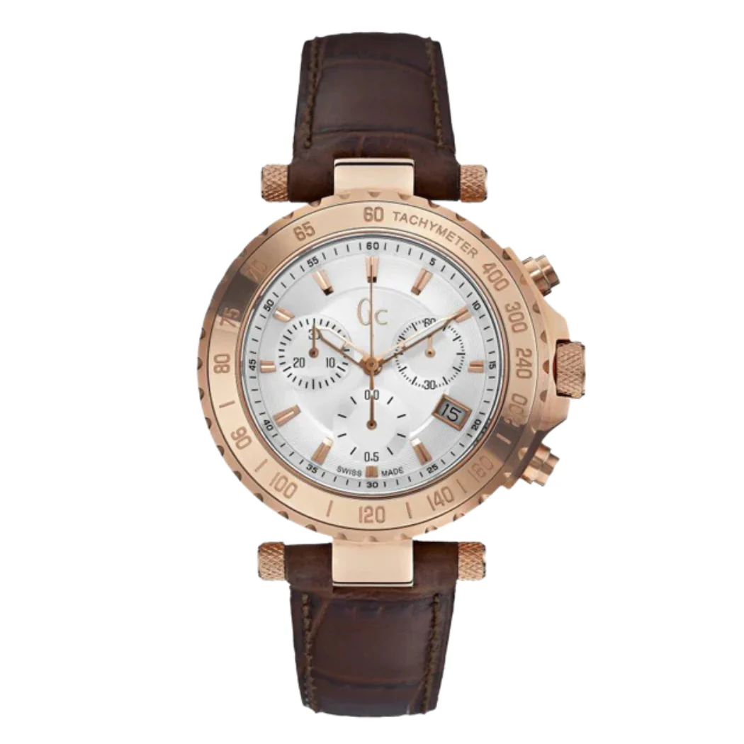 Guess Collection Brown Leather Strap Silver Dial Chronograph Quartz Watch for Gents - X58004G1S