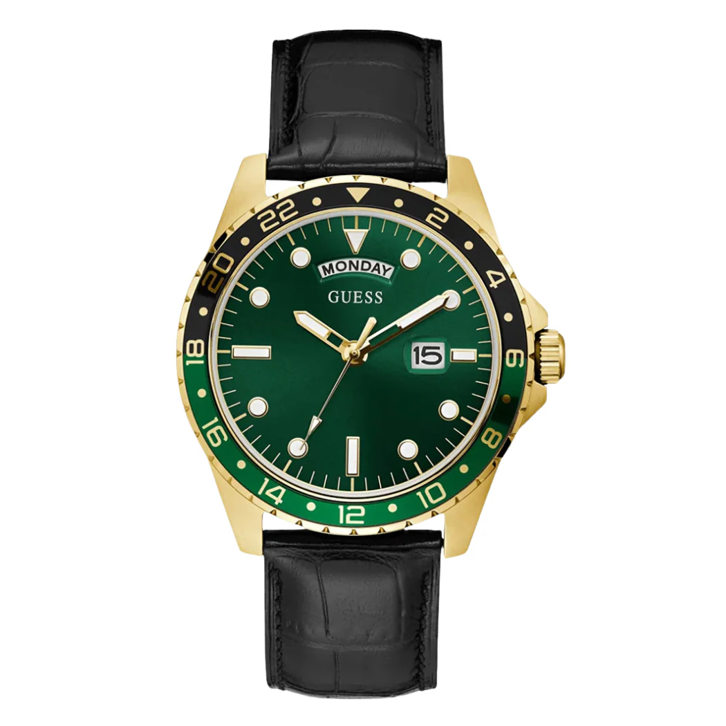 Guess Comet Black Leather Strap Green Dial Quartz Watch for Gents - GW0221G1