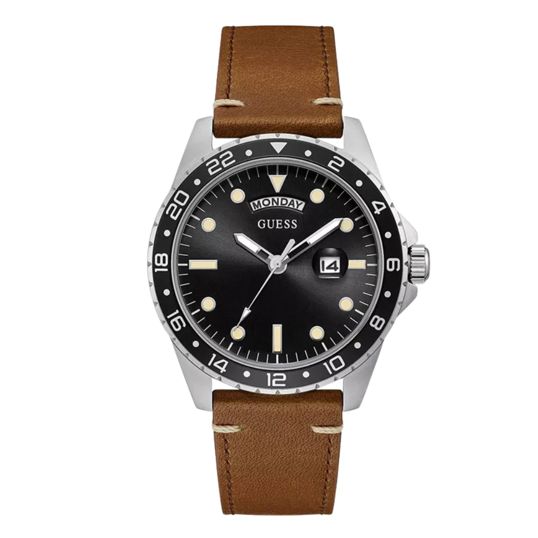 Guess Comet Brown Leather Strap Black Dial Quartz Watch for Gents - GW0221G3