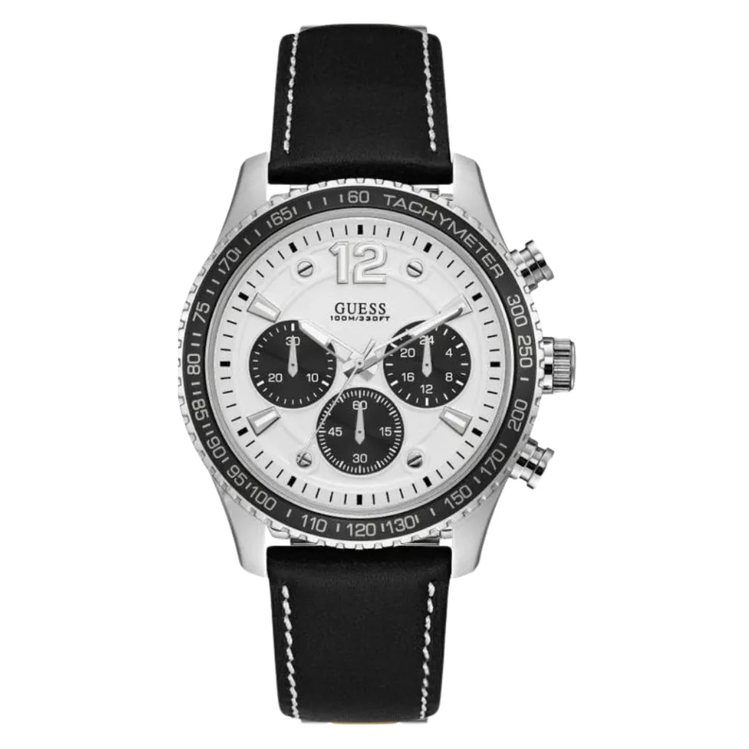 Guess Fleet Black Leather Strap White Dial Chronograph Quartz Watch for Gents - W0970G4