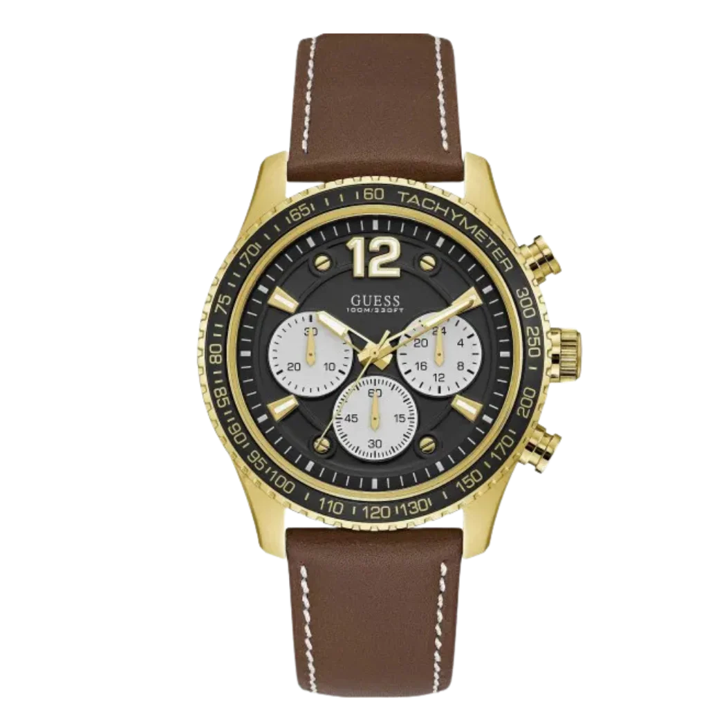 Guess Fleet Brown Leather Strap Black Dial Chronograph Quartz Watch for Gents - W0970G2