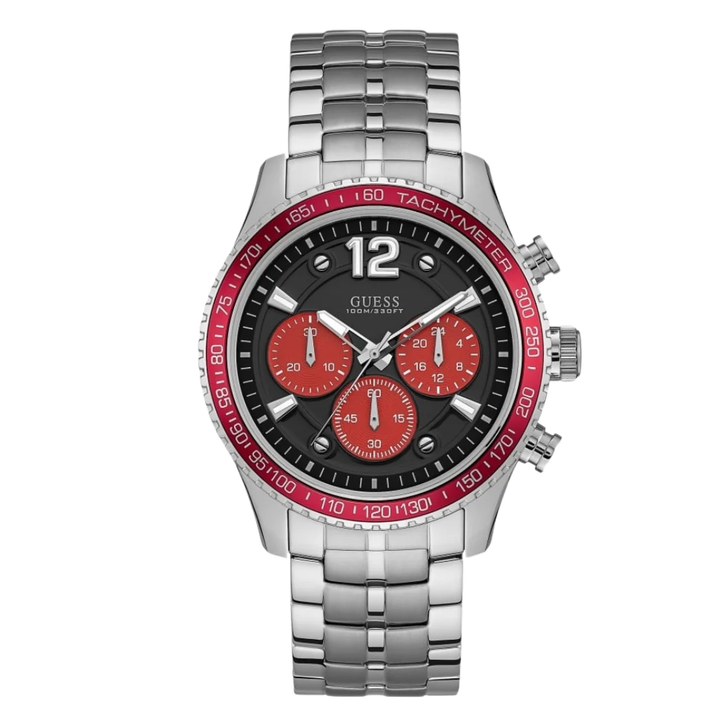 Guess Fleet Silver Stainless Steel Black Dial Chronograph Quartz Watch for Gents - W0969G3